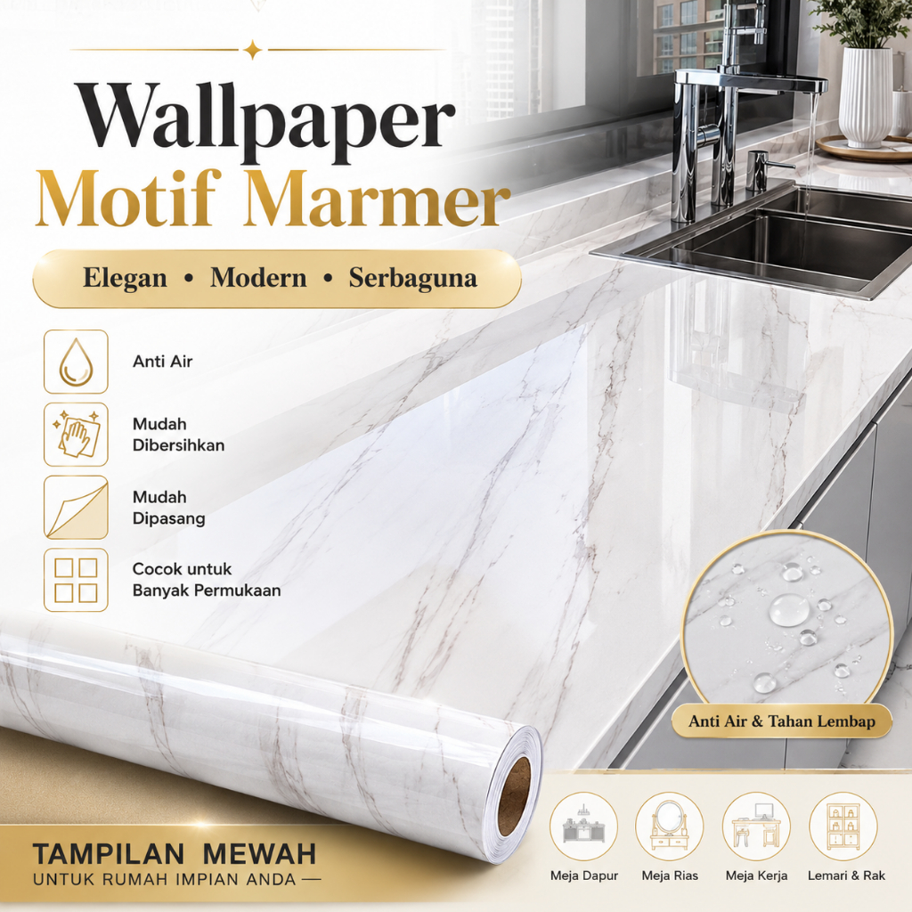 60cm * 10M Wallpaper Dapur Stiker Wallpaper Marmer Stiker Kabinet Meja Makan Stiker Dinding