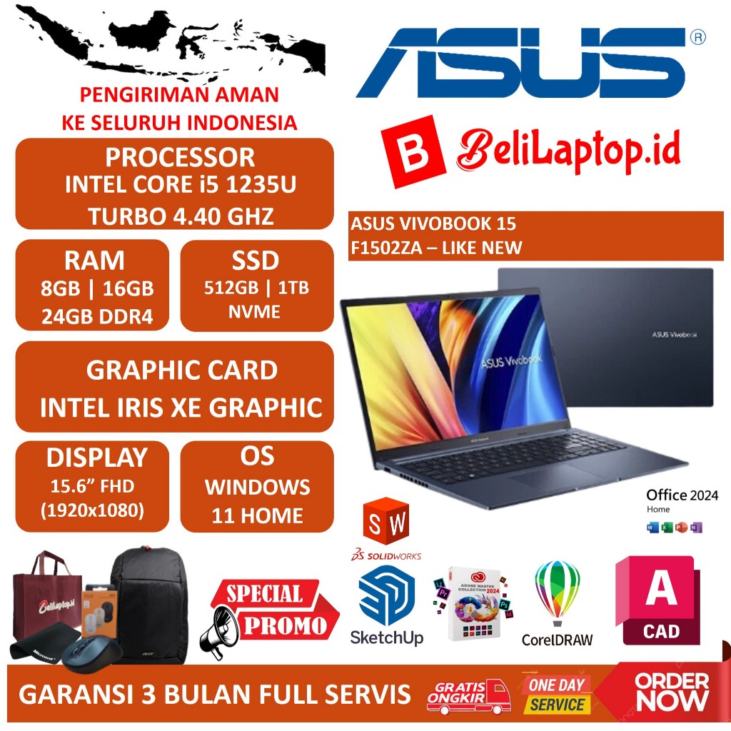 ASUS VIVOBOOK 15 F1502ZA INTEL I5 1235U 8GB 512GB SSD FHD WINDOWS 11 BLUE EX DISPLAY GARANSI 3 BULAN