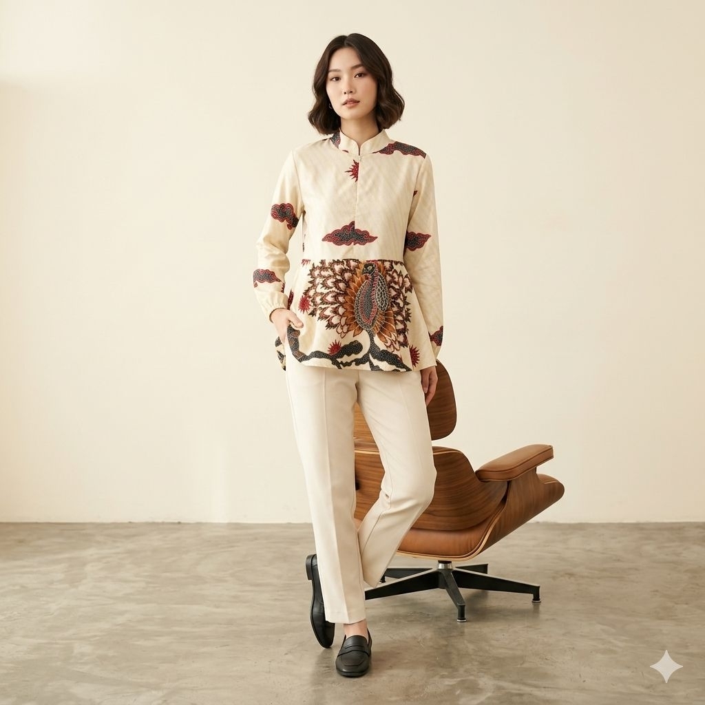 BAJU ATASAN BATIK WANITA MODERN BLOUSE SHANGHAI LENGAN PANJANG KERJA KANTOR ELEGAN CEWEK TUNIK KEKIN