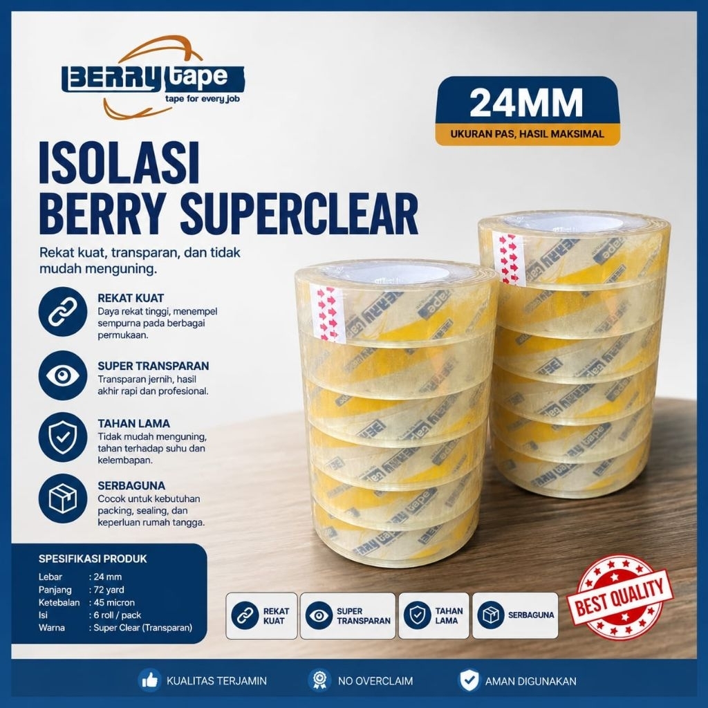ISOLASI BERRY SUPER CLEAR 1 inch- ISOLASI LAUNDRY SUPER BENING 24MM x 90yd