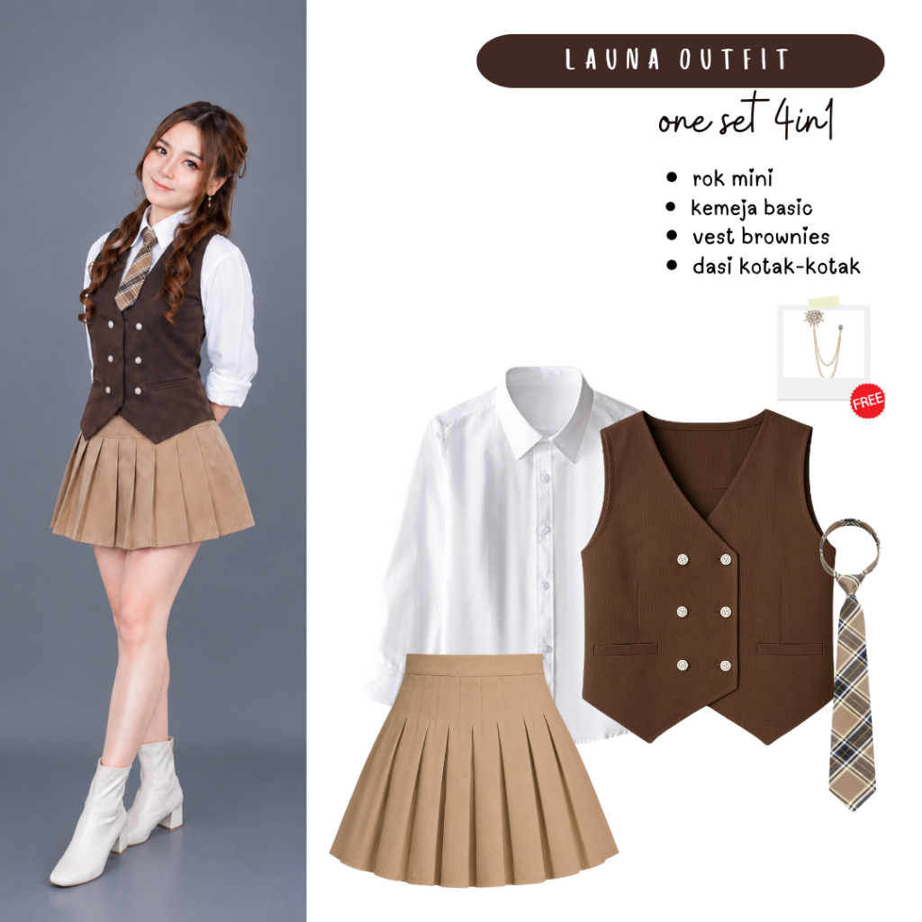 One Set Vintage Wanita | Kemeja, Vest Brownies, Rok Mini, Dasi | Set Outfit Dark Academia - FC120