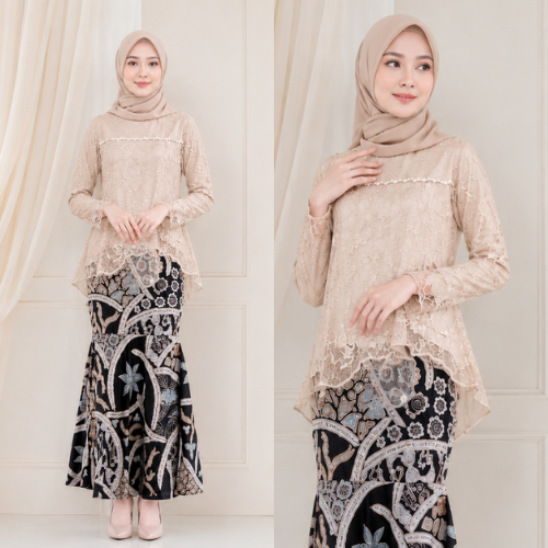 Batik Couple Lesti Kebaya Sarimbit Keluarga Modern Brokat Tille Mutiara Kemeja Pria Lengan Panjang S