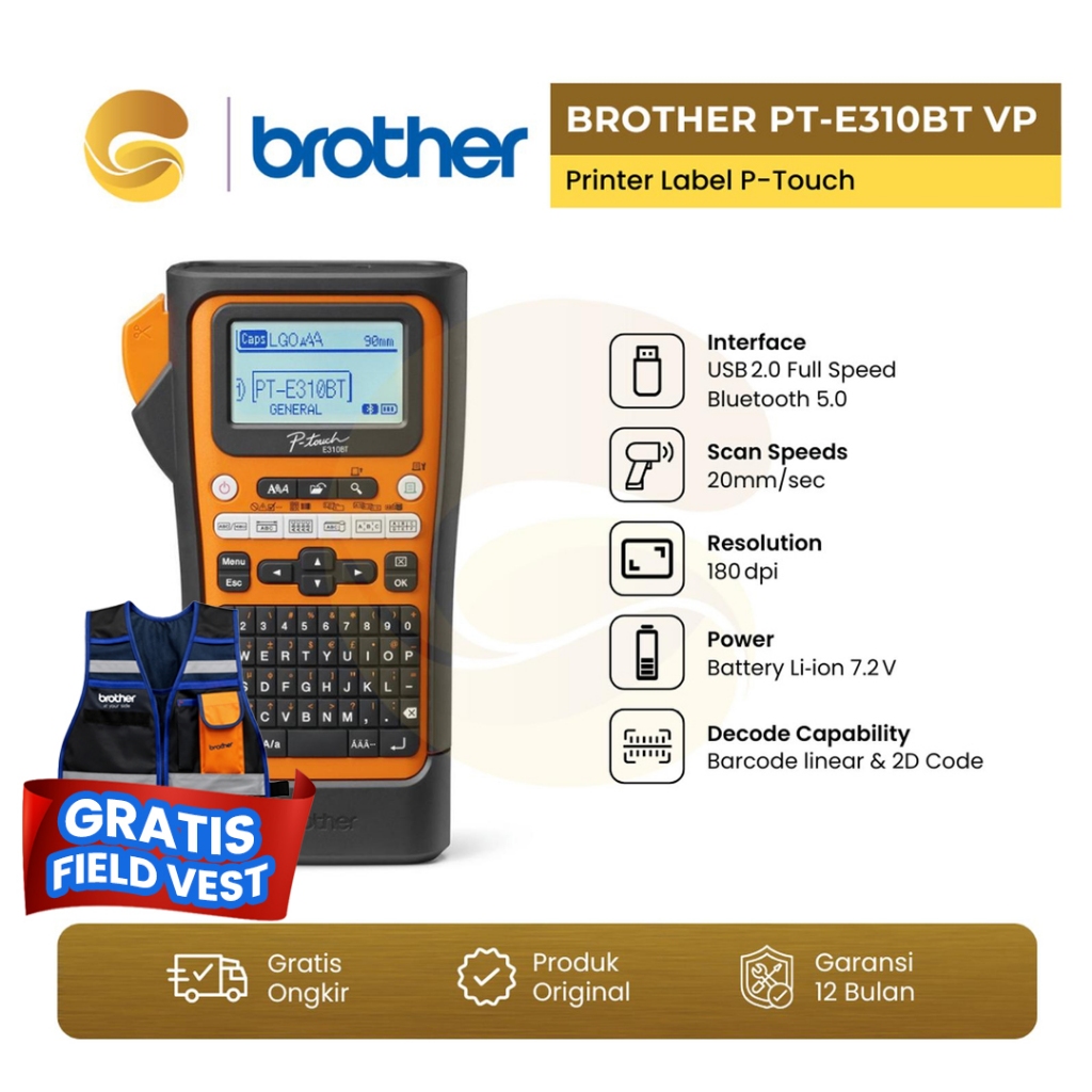 BROTHER Printer Label P-Touch PT-E310BT VP Bluetooth pengganti PTE300VP | PTE310BT PT E310BTVP PTE 3