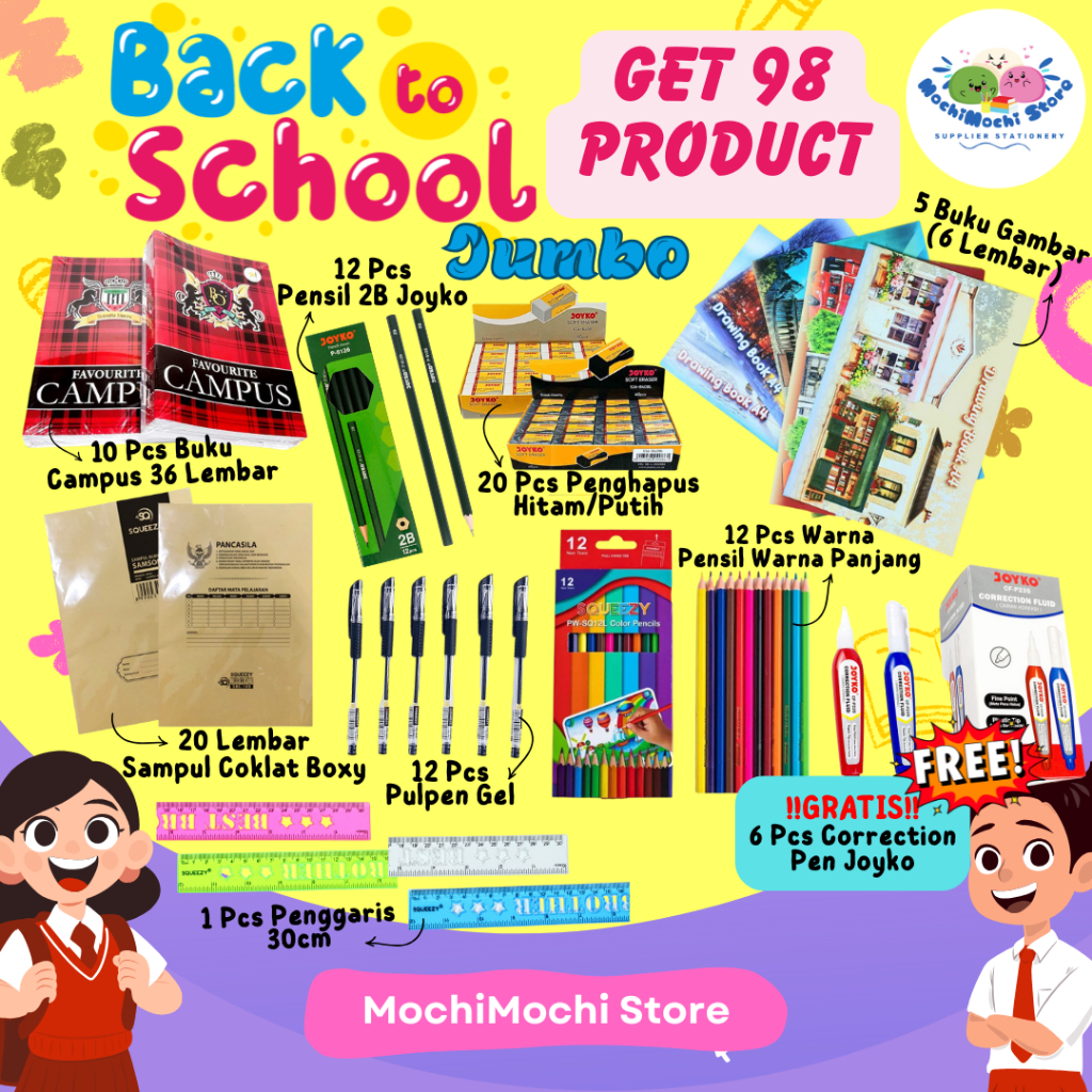 Paket Back To School Jumbo GRATIS 6 PCS CORRECTION PEN JOYKO TOTAL 98 PRODUK 10 Buku Campus + 20 Lbr