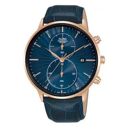 Jam Tangan Pria Alba AW4010 AW4010X1 Strap Leather Dark Blue Color Men Blue Dial Original Garansi Re