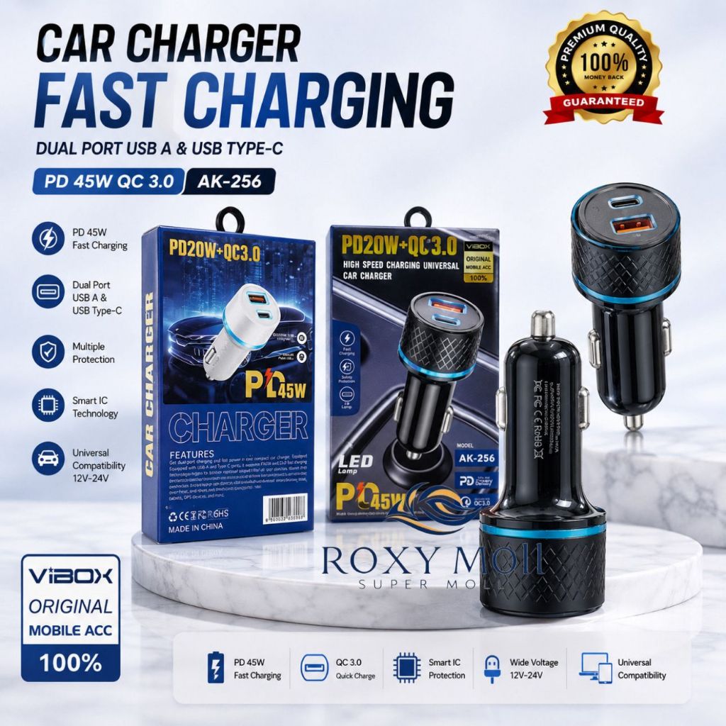 Vibox AK-256 Car Charger PD 45W Fast Charging QC3.0 2port Saver Mobil Colokan Usb Dan Type C Univers