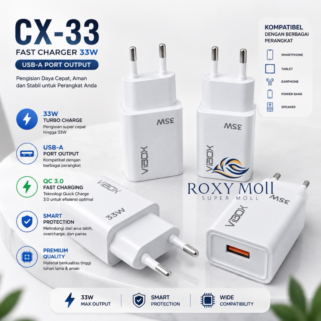 VIBOX Adaptor 33W Original Kompatibel HP Smartphone Casan PB Raket Nyamuk iP Cam CCTV Batok Universa