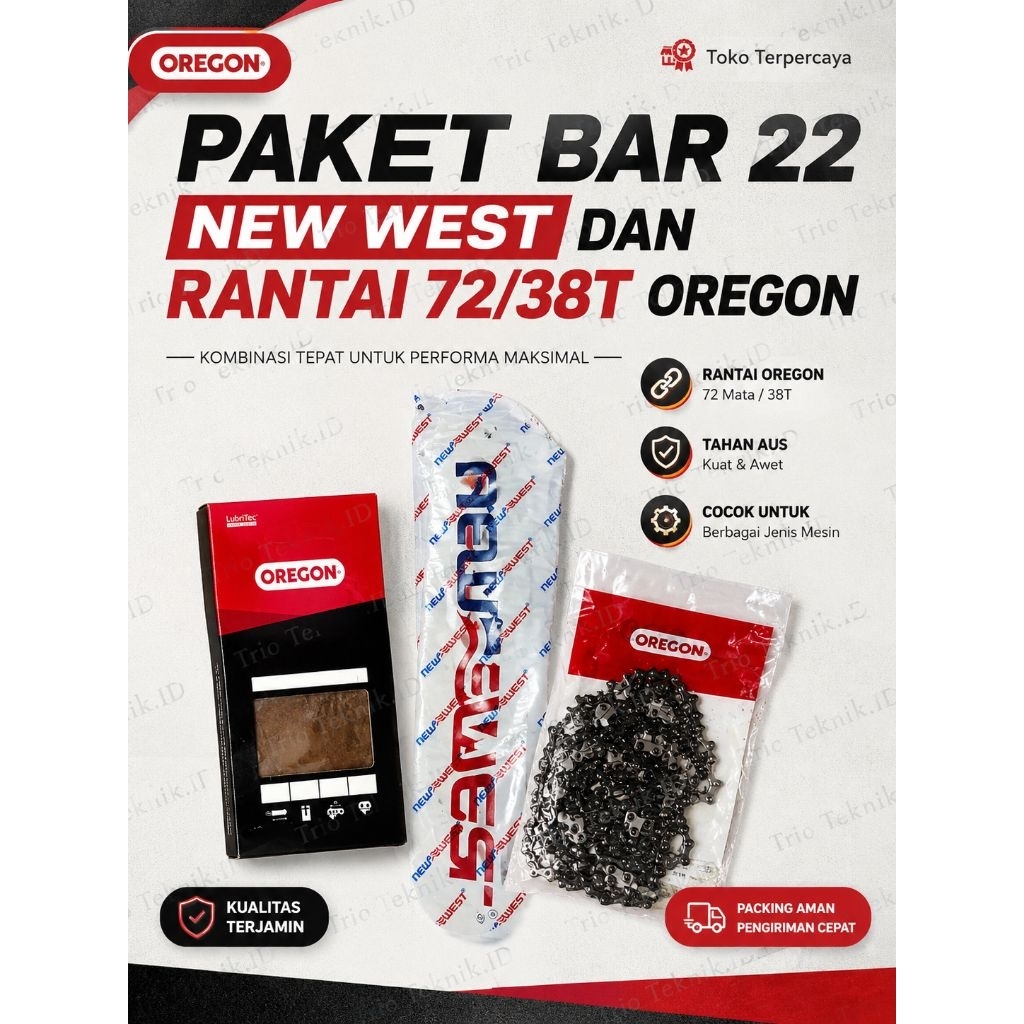 1 paket Bar 22 INCH NEW WEST+ RANTAI CHAINSAW 72×38T BELAH OREGON COMBO HEMAT SENSO 22