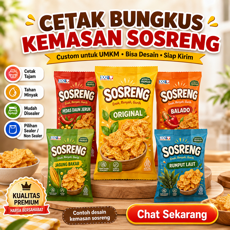 Cetak Kemasan Sosreng Custom 3000 Lembar | Bungkus Snack | Kemasan Murah |