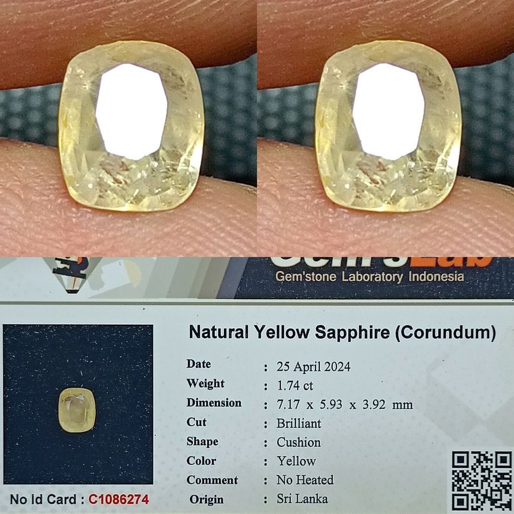 NATURAL PERMATA YELLOW SAPPHIRE CEYLON SRI LANKA 1.74 CARAT NO HEATED CUTTING CUSHION MEMO GLI LAB