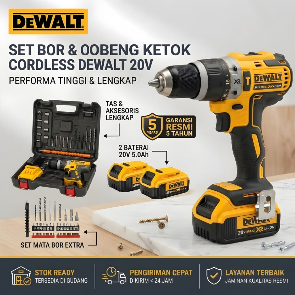 DEWALT Cordless Drill Set Mesin Bor Impact Tanpa Kabel 20V Multifungsi Tembok Beton Kayu Besi Lengka