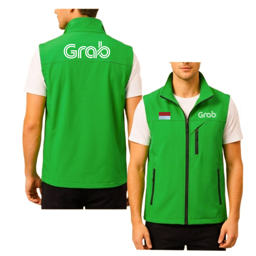 Vest Rompi Polos Ojol Grab Dengan Logo Dan Bendera Indonesia, Resleting Depan Dan Saku Samping