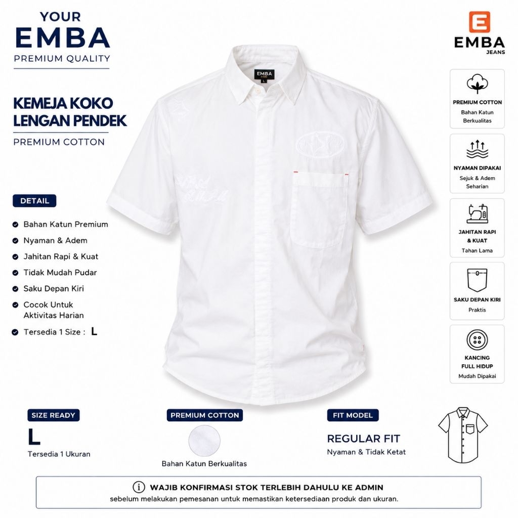 EMBA Kemeja Pria Size L Putih Polos Lengan Pendek