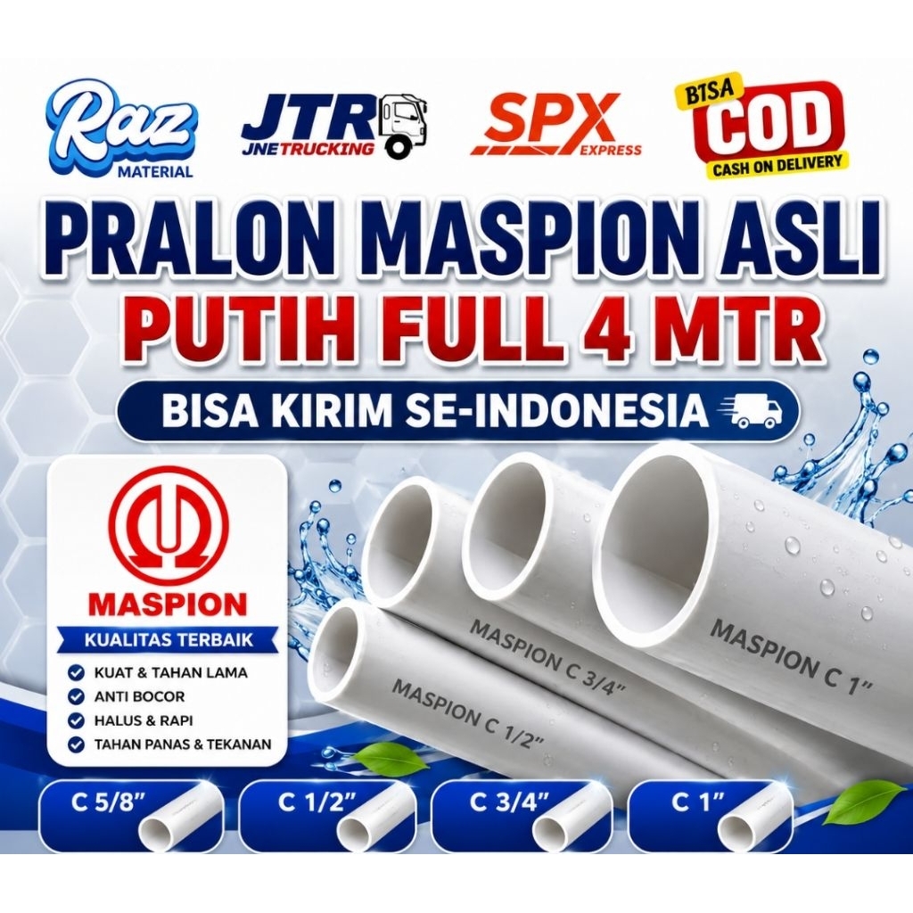Pipa Pralon Maspion Putih C 5/8, 1/2, 3/4 dan 1 Inch PVC Original Full 4 Meter Bisa Kirim
