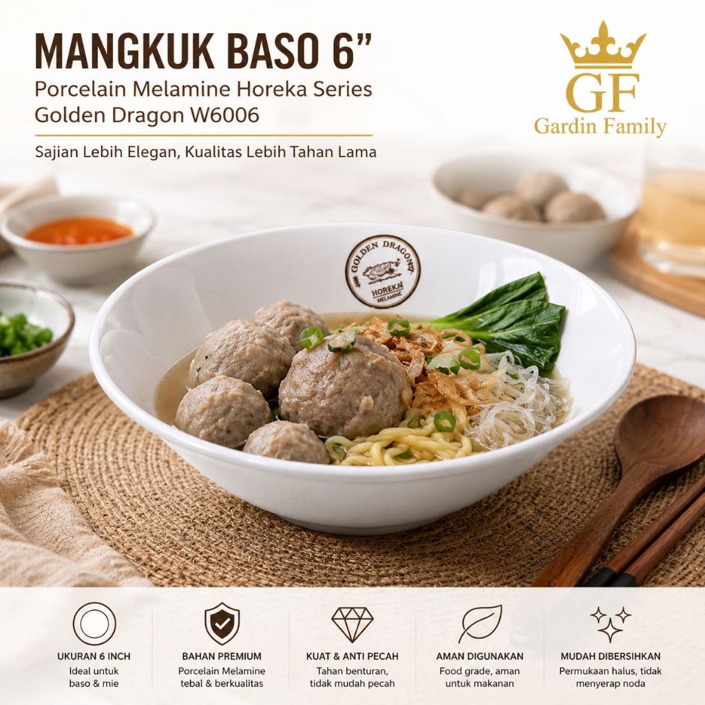Mangkuk Baso 6" Putih Porcelain Melamine Horeka Series - Golden Dragon W6006