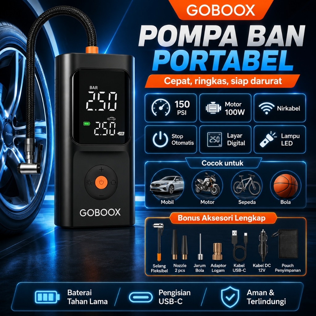 BoMai 4500mAh Pompa Ban Motor Dan Mobil Sepeda Balon Elektrik Mini Portable  / Monitor Tekanan Angin
