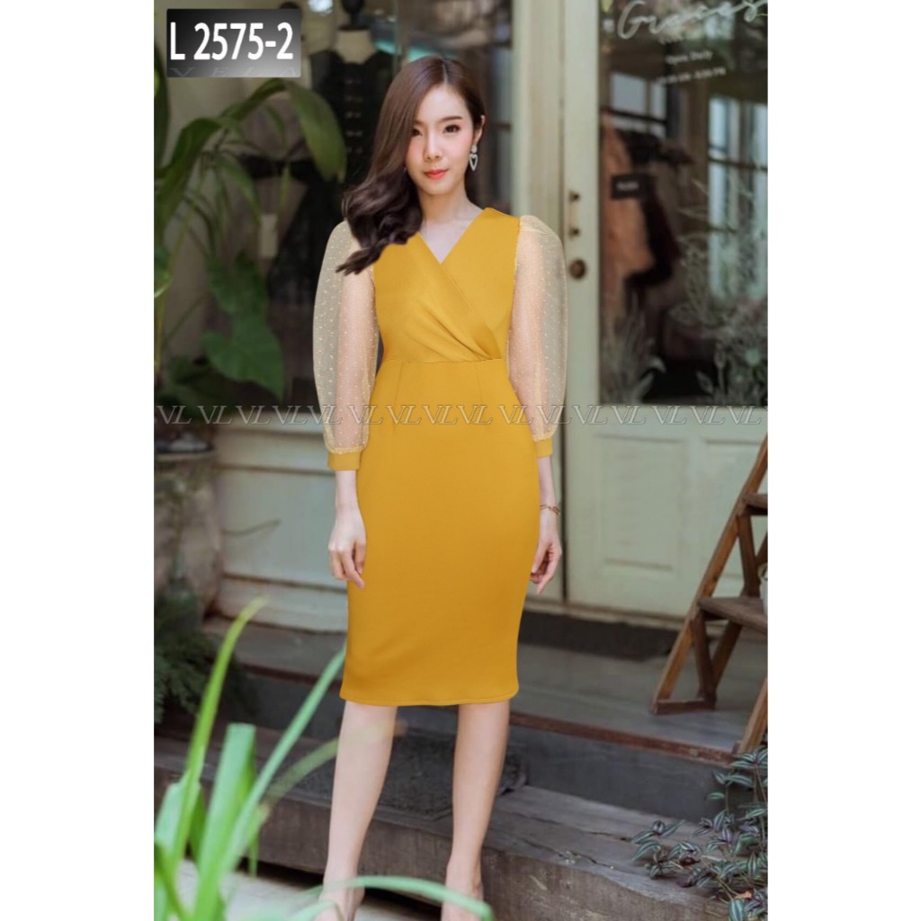 Scuba Model Kimono Dress Wanita Kerah Vneck Tangan Tile Lengan Panjang Puff Terbaru
