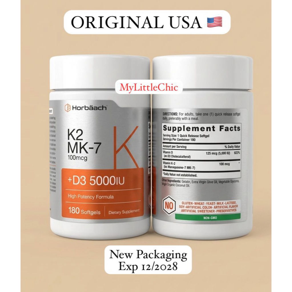 Horbaach Vitamin D3 K2 isi 180 SOFTGEL 5000iu + 100mcg USA
