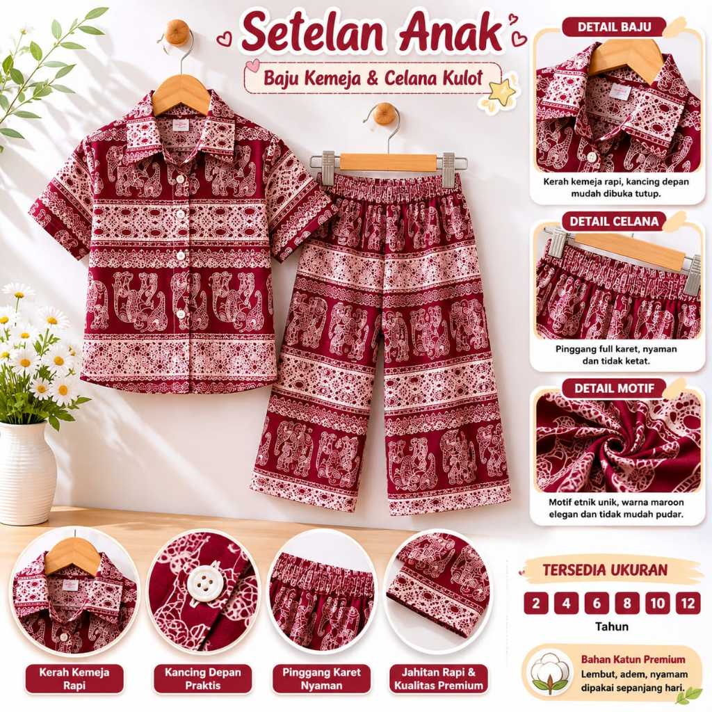 Kemeja Anak Perempuan Laki-Laki Motif Gajah Thailand 1-6 Tahun Baju Anak Terbaru