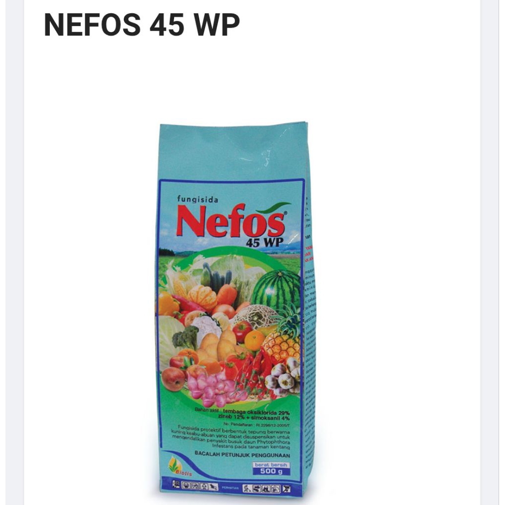 Fungisida NEFOS 45 WP 500 gr Bahan aktif : tembaga oksiklorida 29% + zineb 12% + simoksanil 4%