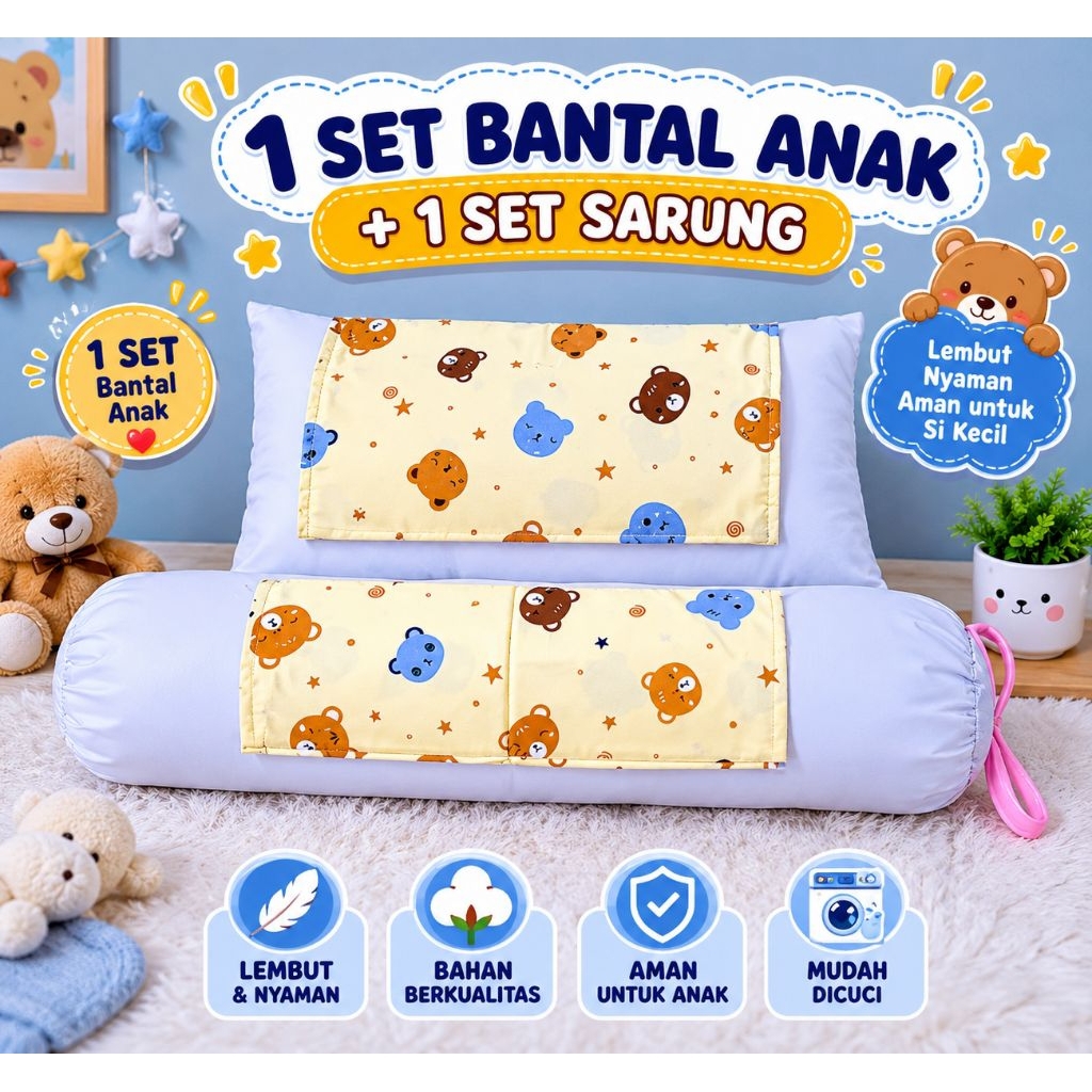 Paket Bantal Anak Polos / 1 Set Bantal Guling Putih Polos dan 1 Set sarung bantal Guling Karakter