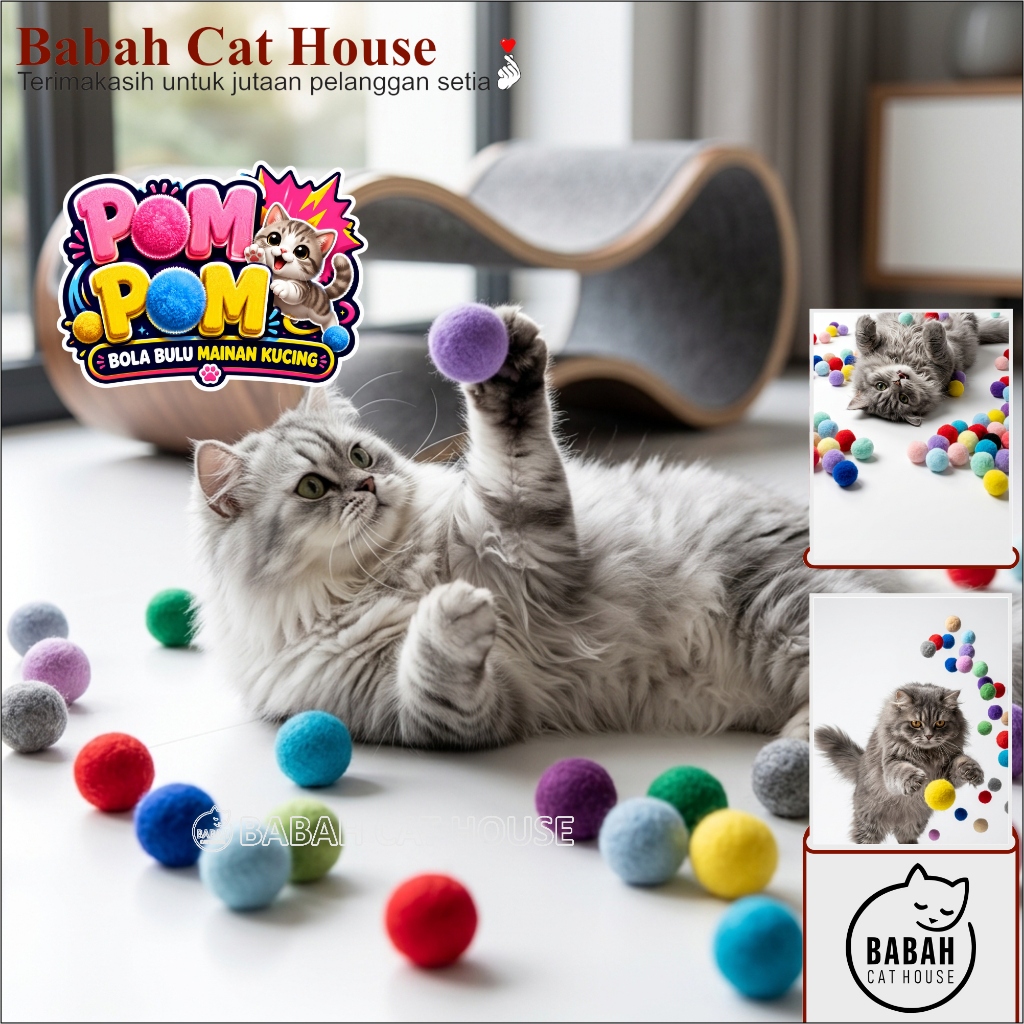 POMPOM BOLA BULU kucing cat ball toys mainan kitten anak anjing tikus lucu mini bahan lembut aman pe