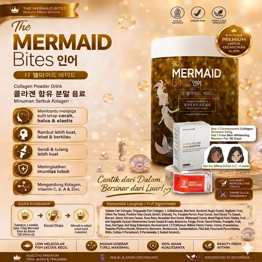 BPOM THE MERMAID BITES MC DD CHROMOSOME GLUTATHIONE WHITENING COLLAGEN JAR 500G FREE T-STANDARD FREE