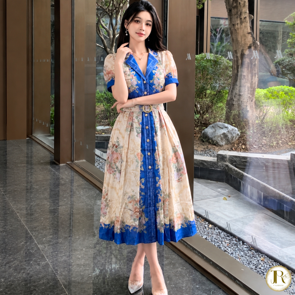 JR - Belle Dress Maxi Dress Organza Lengan Pendek Premium Desain Floral Gaun Wanita Elegan & Mewah