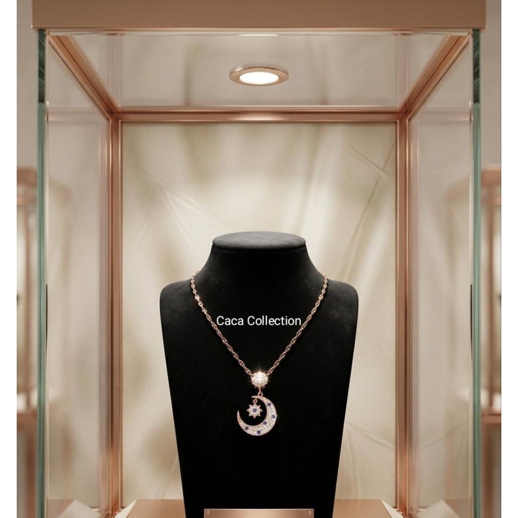 Kalung Titanium Liontin Bulan Bintang Anti Karat | Kalung Liontin Permata Bulan Bintang Rantai Titan