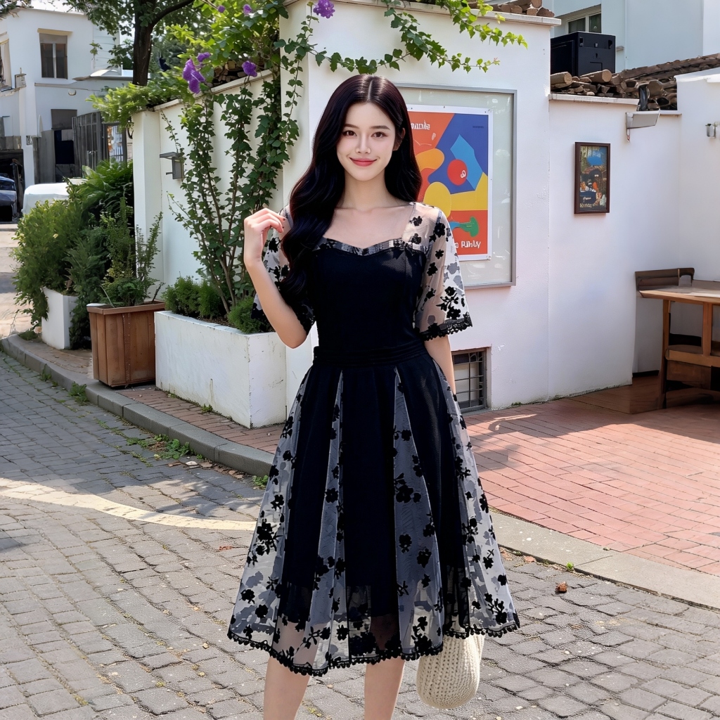 Black Dress Tulle Lace Wanita Mewah | Midi Dress Brukat Korea Wanita | Dress Hitam Motif Bunga Kekin