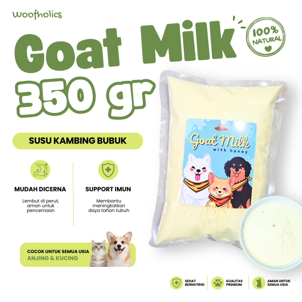 [ Size : 350gr ] Woofholics Goat Milk Powder Plus Honey 350g / Susu Kambing Untuk Anjing Kucing Pupp