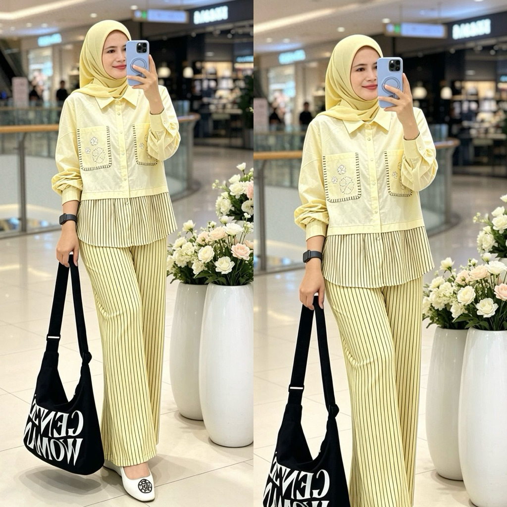 One Set Santika / Baju Kemeja Set Celana Kulot Katun polpin Salur / COD