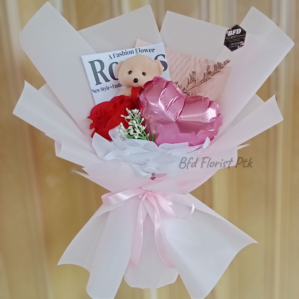 BUKET BONEKA MIX BUNGA DAN BALON FOIL / BUKET BUNGA / BUKET BONEKA