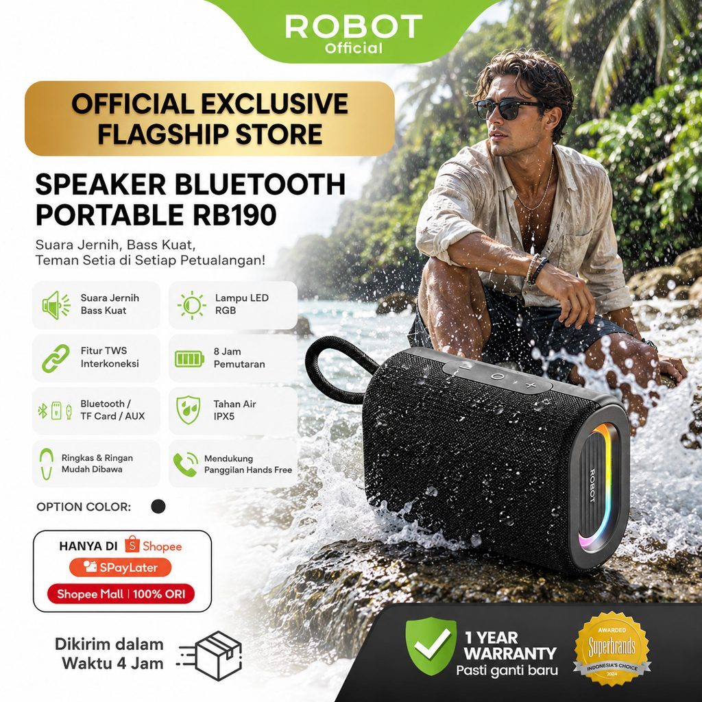 ROBOT RB190 Speaker Bluetooth 1200mAh 6.0 Portable Powerful Bass 5W Tahan Air IPX5 dengan Efek Lampu RGB dan Mode TWS Pemutaran 8 Jam Original - Garansi 1 Tahun