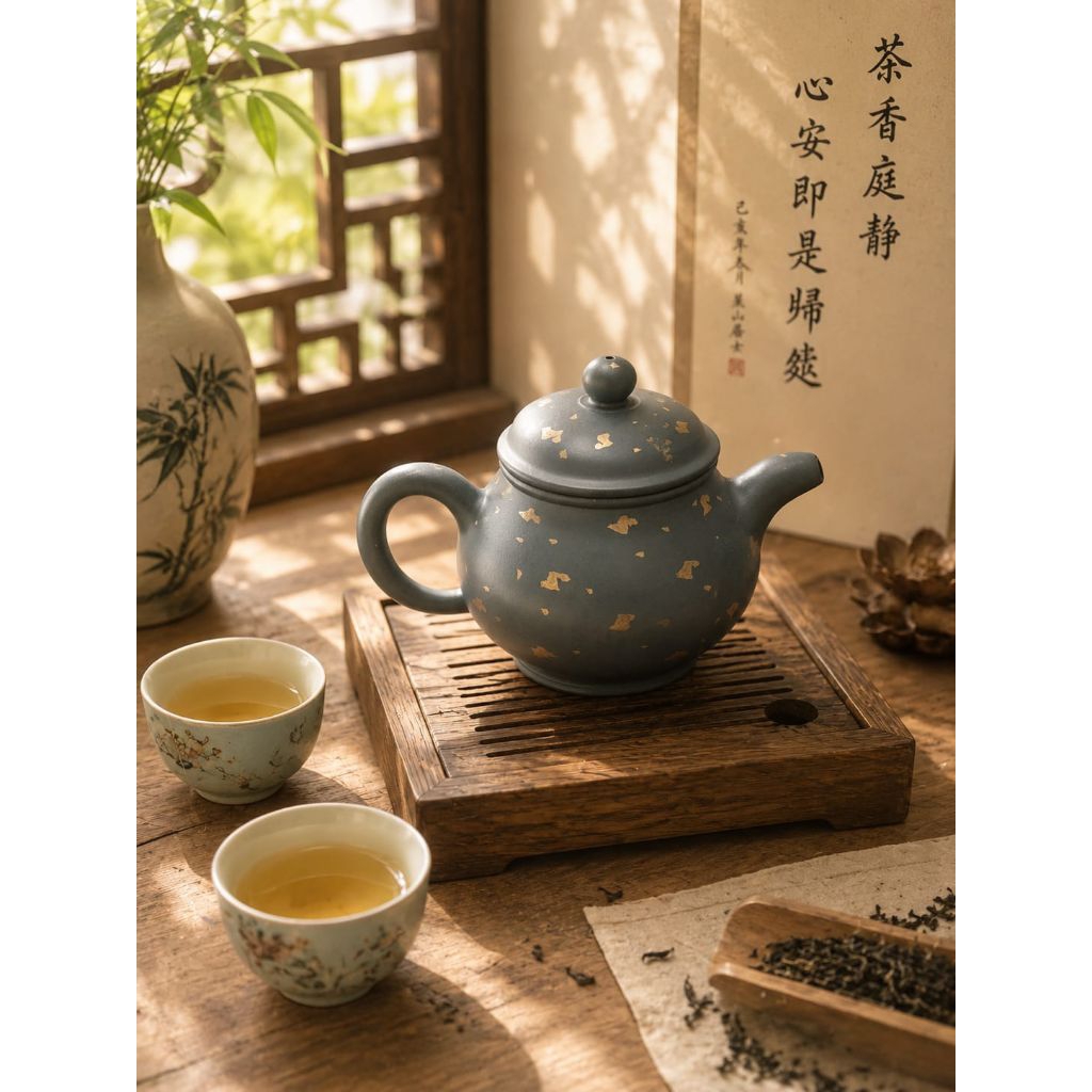 TeaPot YiXing Warna Hijau Motif Bintik Emas Premium
