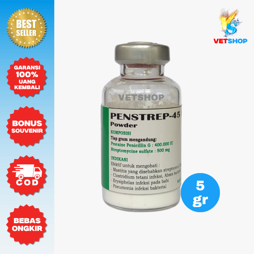 PENSTREP 45 Serbuk Obat Hewan Injeksi Spektrum Luas Vial 5 Gram - VETSHOP