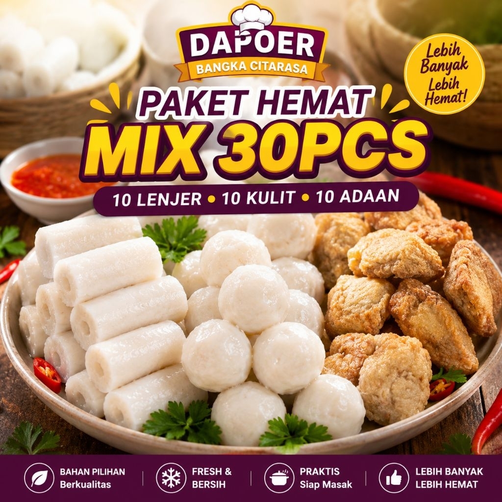 Pempek Bangka Paket Super Mix BEST SELLER Isi 30pcs Lenjer Kulit Adaan Include Cuka Merah 300ml