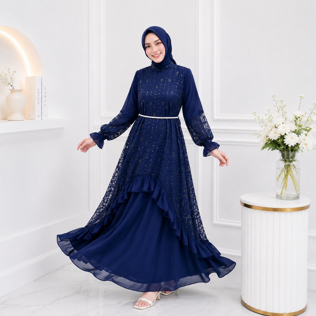 Gamis Brokat Kondangan Modern Silvana Dress BC Bahan Ceruty Baby Doll Full Puring Mix Brukat  ( Resl