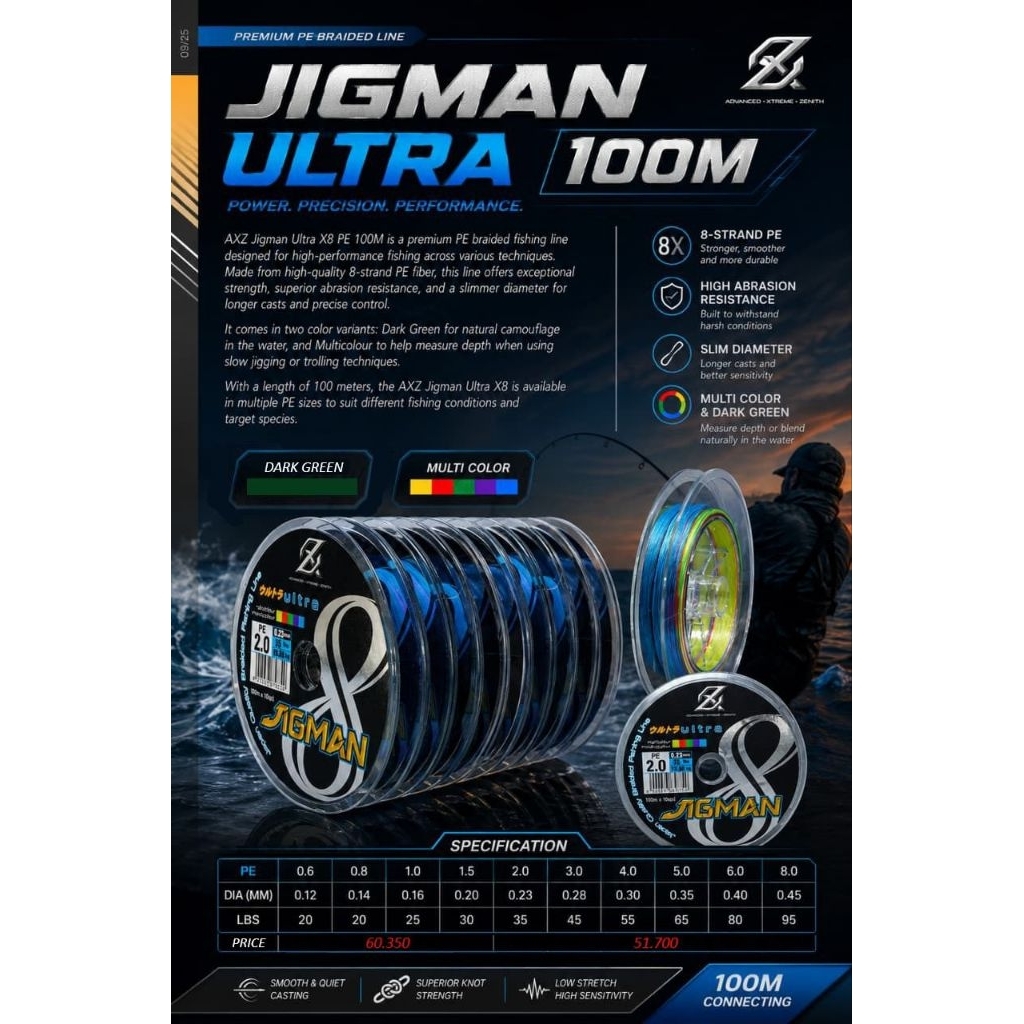 senar pe AXZ ultra jigman X8  100meter multicolor dan dark green