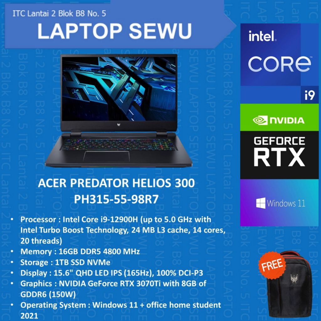 ACER PREDATOR HELIOS 300 PH315-55-98R7 INTEL CORE i9 12900h 16 GB SSD 1 TB WIN 11 14" INCHi