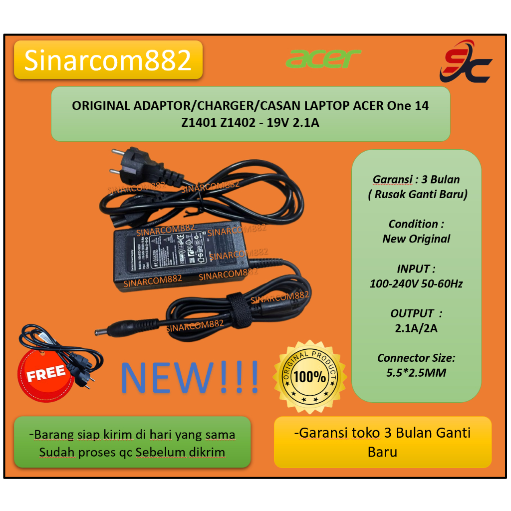 ORIGINAL ADAPTOR/CHARGER/CASAN LAPTOP ACER One 14 Z1401 Z1402 - 19V 2.1A