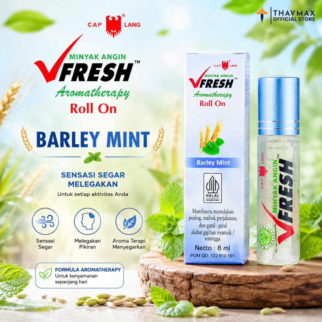 V Fresh Aromatherapy Roll On Barley Mint 8ml Minyak Angin Aromaterapi Cap Lang Original