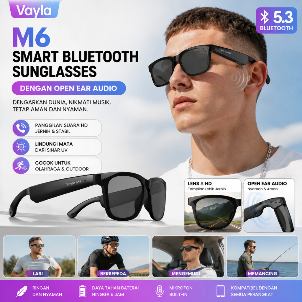 Smart Glasses Wireless Bluetooth V5.4 Sunglasses Sport IPX4 Wateroof Outdoor Kacamata Anti-Blue