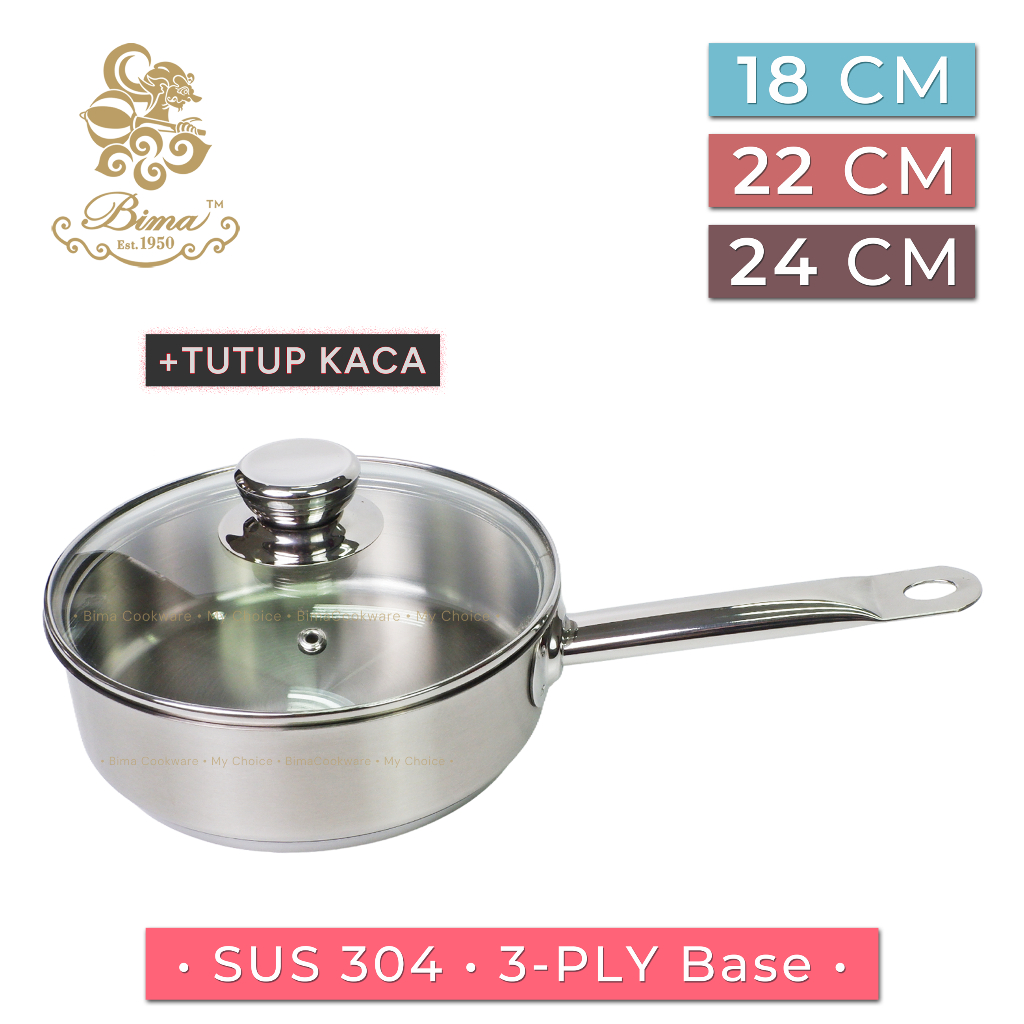 BIMA Saute Pan SUS 304 +Tutup Kaca Wajan Stainless Steel Premium Panci Penggorengan Tumis Deep Fry M