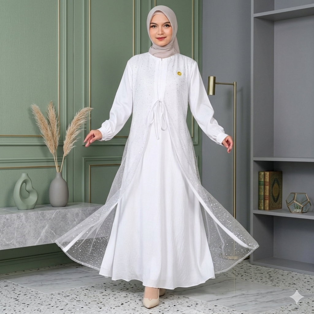 GAMIS Dress Gamis Aisha Polo Linen Premium Kombinasi Brokat putih tulang - Kemewahan Modern dengan S