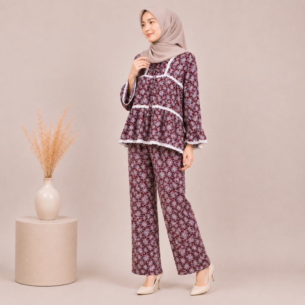 ADDISHA Set Rayon Setelan Baju Muslim Kekinian Piyama Baju Tidur - Kaelyn Maroon Daisy
