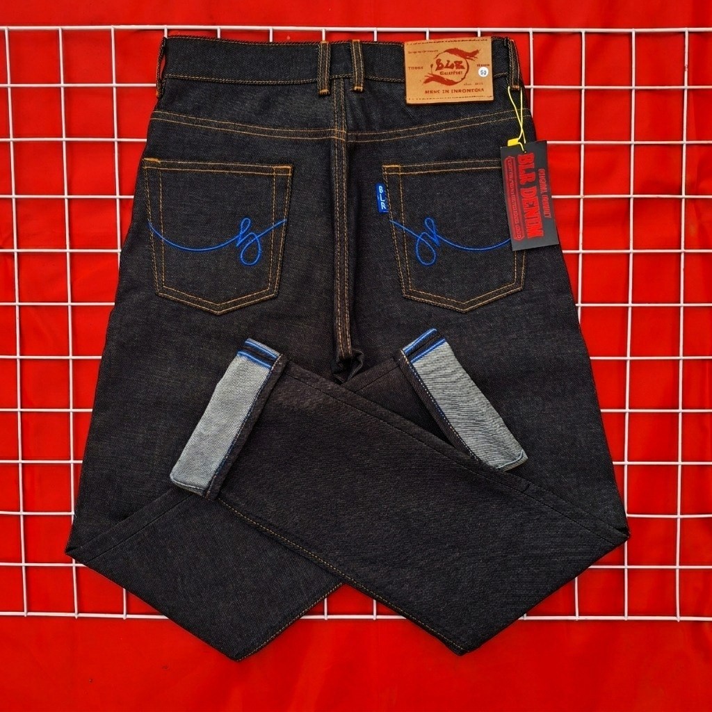 BLR DENIM RAW DENIM 15,5 OZ BLACK INDIGO CELANA DENIM SELVEDGE ACCENT / RAW DENIM JEANS PRIA SELVEDG