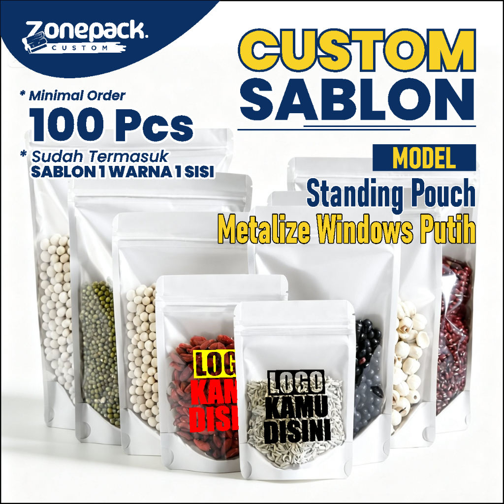 Sablon Standing Pouch Metalize Windows Putih | Packing Metalized Foil Emas Snack Kemasan Makanan Zip