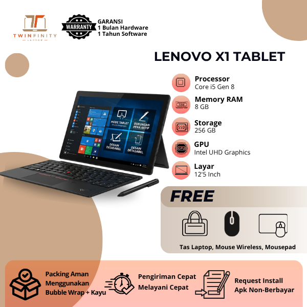 [FREE MOUSE WIRELESS & TAS LAPTOP] Lenovo X1 Tablet Core i5 Gen 8 RAM 8GB SSD 256GB 12.5” Touchscree