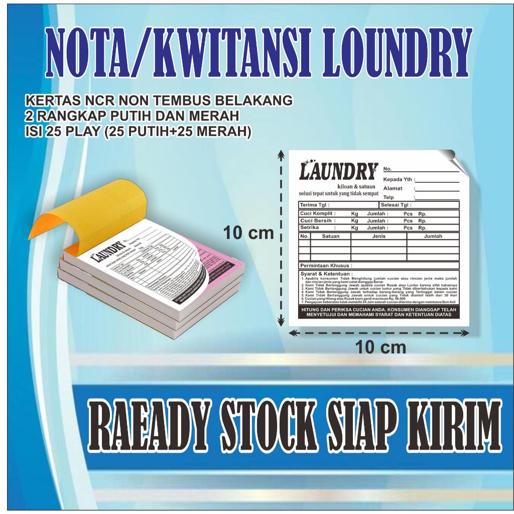 Nota kwitansi Laundry / Nota NCR 2 Ply ukuran buku 1/6 (10x10 cm) F/A4 warna kertas putih merah temb